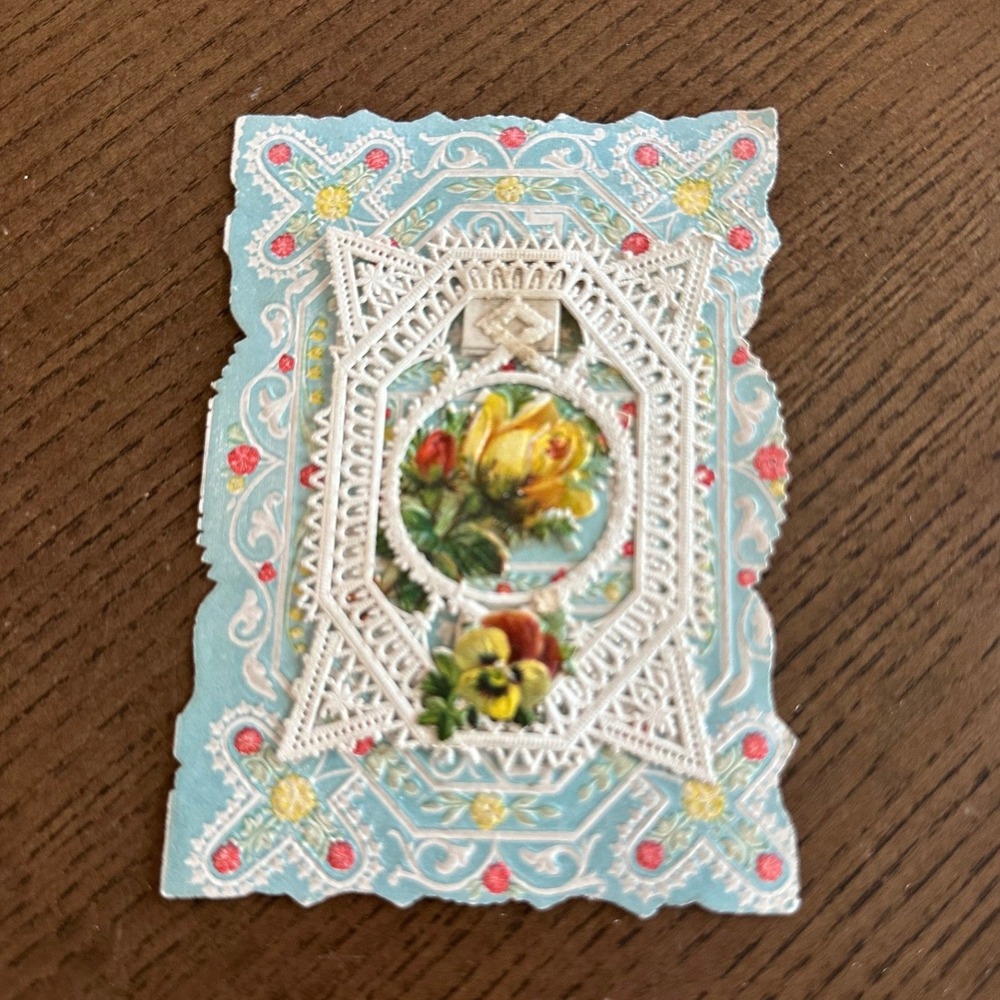 Victorian Valentine Die Cut Paper Lace Greeting Card Yellow Rose Pansy‎ Ephemera